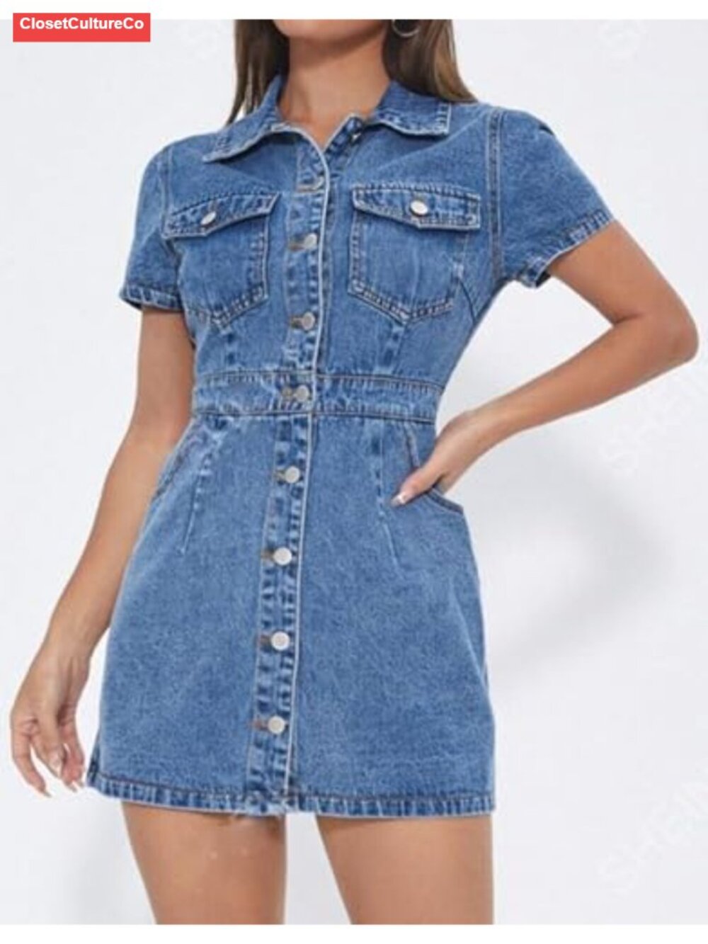 Denim Babydoll Dress Short Sleeve Button Down High Low Hem - Picture 4 of 4